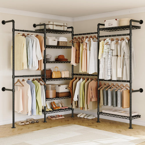 Wall Mounted Industrial Pipe Clothing Rack with 6 Rods & 8 Shelves