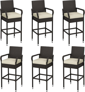Outdoor Wicker Bar Stools with Armrests, Footrests & Cushions (Brown/Beige)