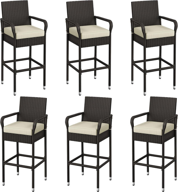 Outdoor Wicker Bar Stools with Armrests, Footrests & Cushions (Brown/Beige)