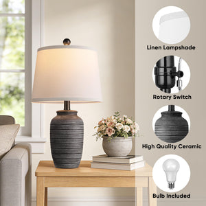 Vintage Ceramic Table Lamp Set of 2 with Linen Shade – 21" Bedside Lamp for Bedroom, Living Room & Nightstand