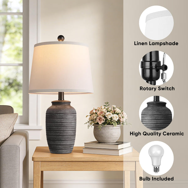 Vintage Ceramic Table Lamp Set of 2 with Linen Shade – 21" Bedside Lamp for Bedroom, Living Room & Nightstand