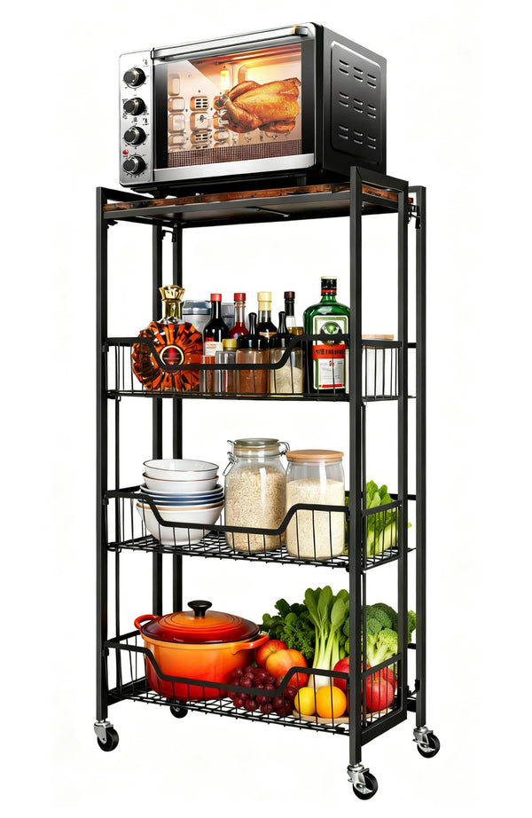 4-Tier Foldable Storage Cart with Lockable Casters