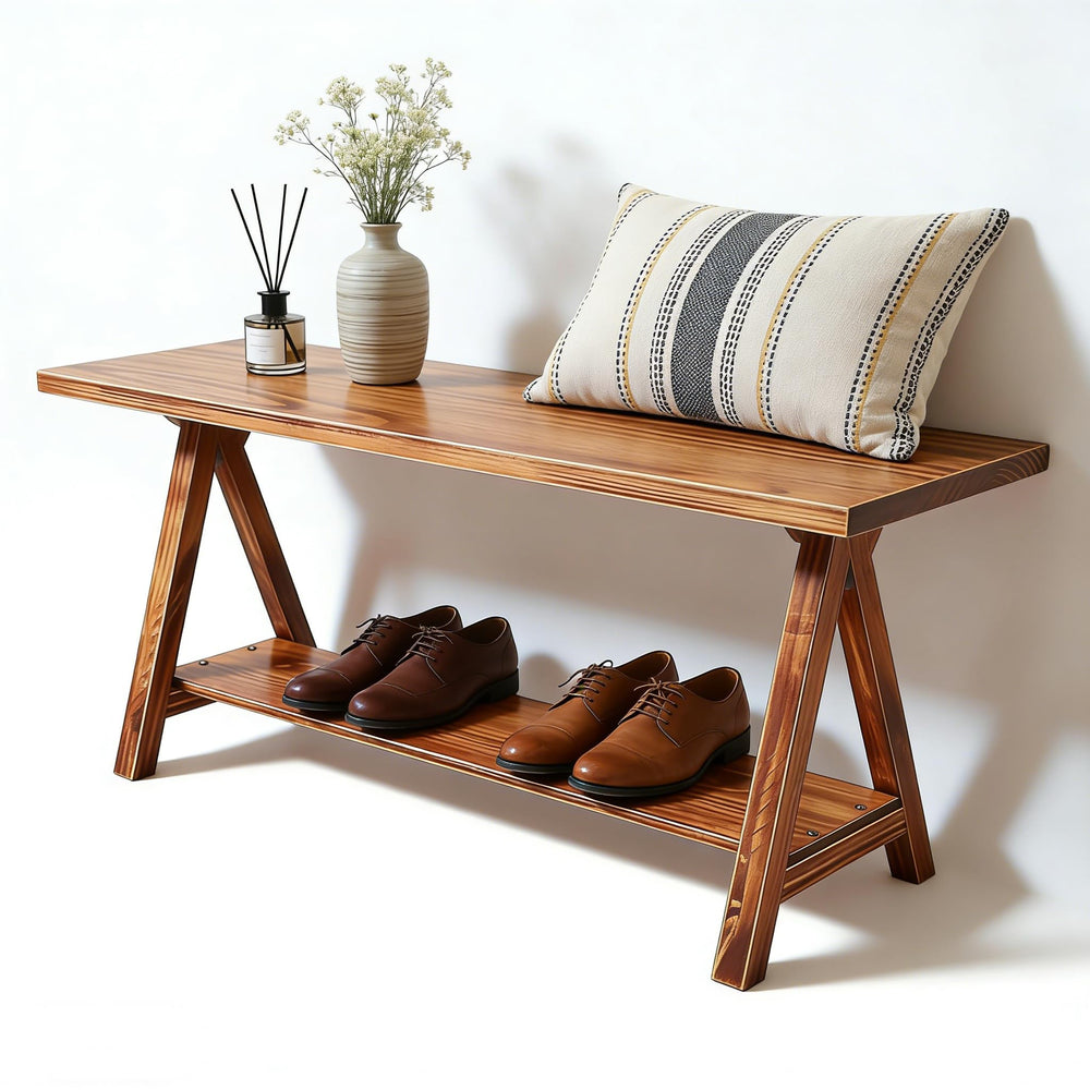 Rustic Solid Wood Entryway Bench with Storage Shelves