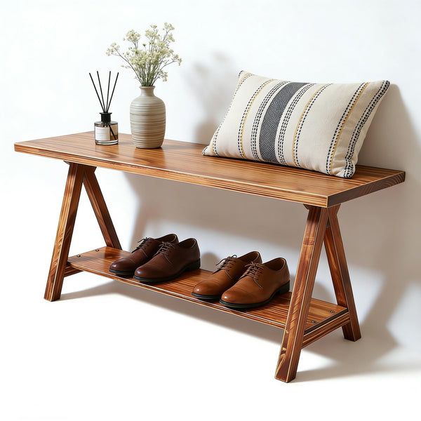 Rustic Solid Wood Entryway Bench with Storage Shelves