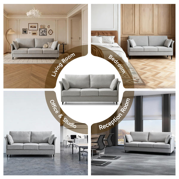 65" Mid-Century Modern Loveseat Sofa – Linen 3-Seater, Silvery Grey