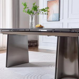 Extendable Dining Table for 8–12 Seats | Rock Plate & Tempered Glass Top | Stainless Steel Legs | Pure Black