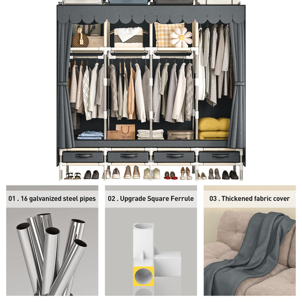 Portable Wardrobe with Hanging Rods & Drawers