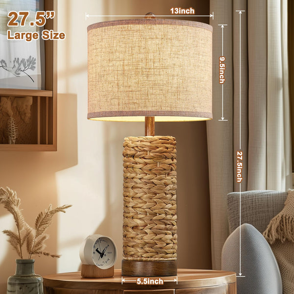 Natural Rattan Table Lamps Set of 2 with Linen Shade