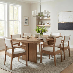 Upholstered Dining Chairs with Arms – Beige Linen & Natural Wood