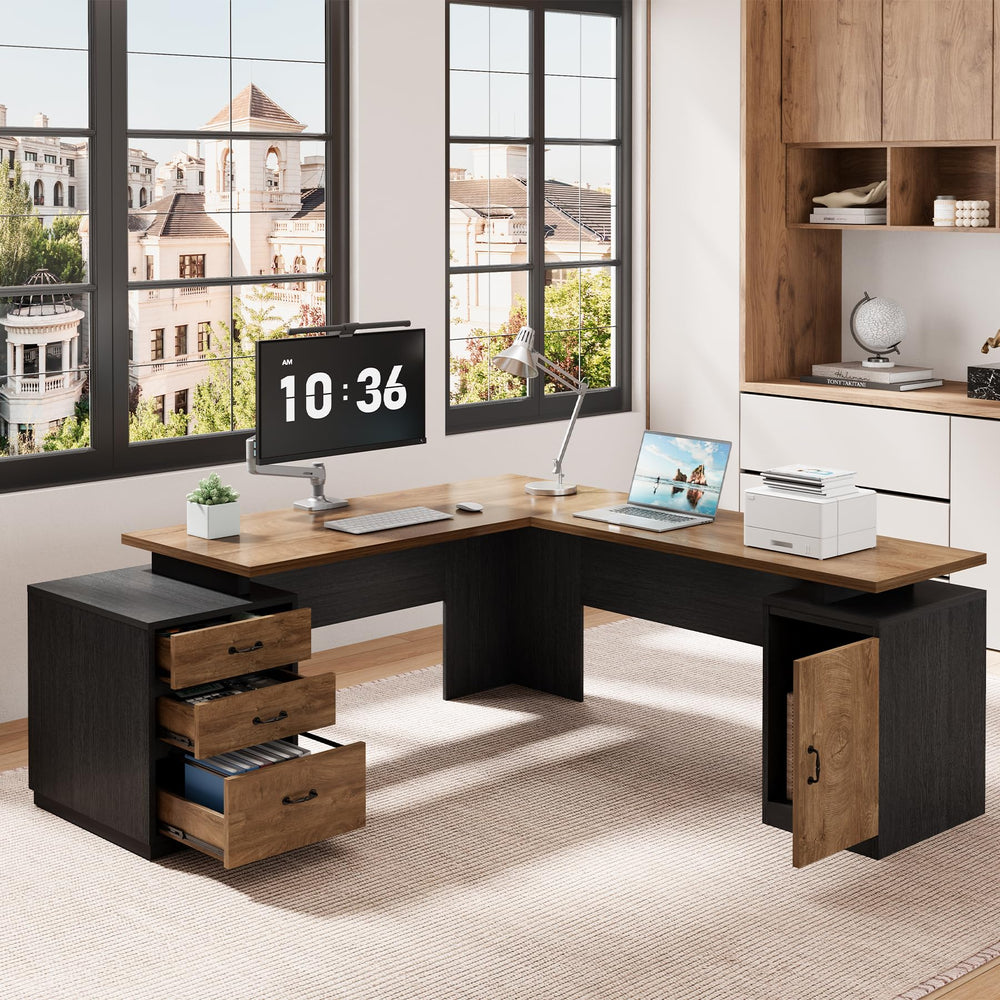 71-Inch L-Shaped Executive Desk with Drawers & Privacy Panel