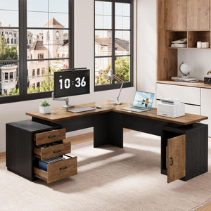 71-Inch L-Shaped Executive Desk with Drawers & Privacy Panel