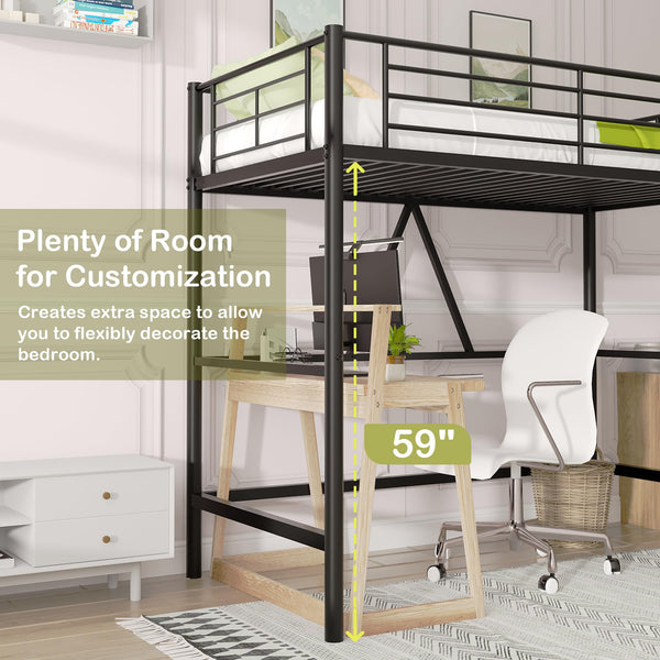 Twin Size Metal Loft Bed with Ladder & Safety Guardrail