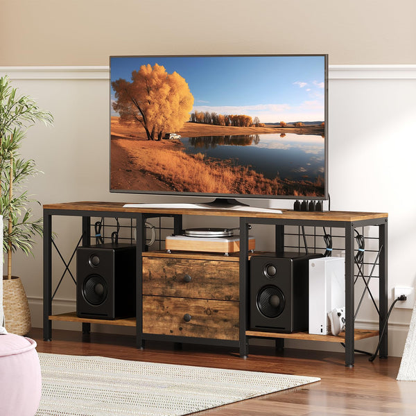 TV Stand with Power Outlet, Fabric Drawers & Cable Management