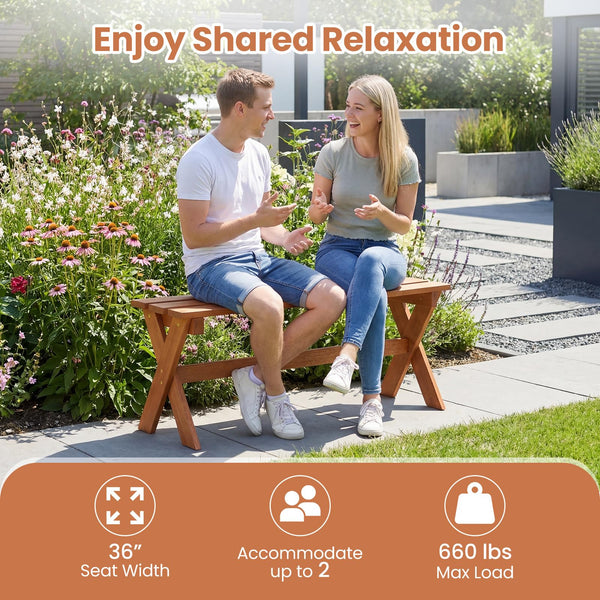 Outdoor Wood Bench – 2-Person Hardwood Patio Bench with Slatted Seat