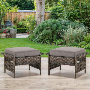 Patio Wicker Ottomans Set of 2 with Cushions
