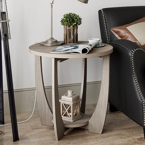 Round Farmhouse End Table with Storage Shelf