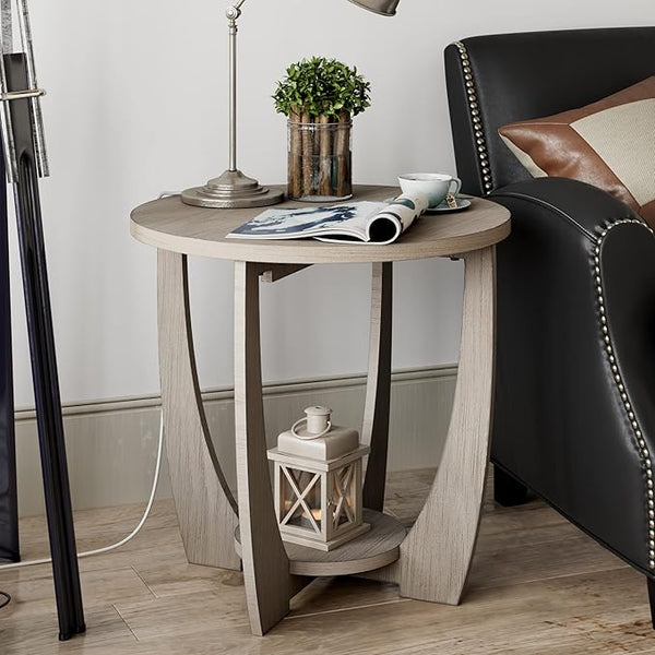 Round Farmhouse End Table with Storage Shelf