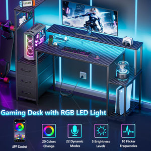 Gaming Desk with LED Lights, Power Outlets & Storage Drawers