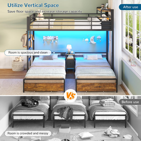 Triple Bunk Bed Twin Over Twin with LED Lights & Storage