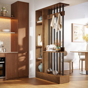 Modern Wood Room Divider with Open Shelves & Coat Hooks – Brown