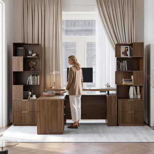 L-Shaped Corner Bookshelf with Drawers, 4-Tier, 71" Tall