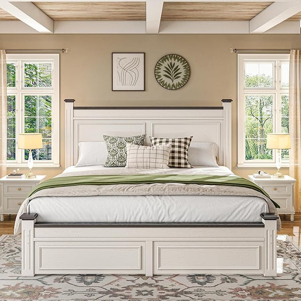 Farmhouse King Bed Frame with Storage Drawers & Headboard, White