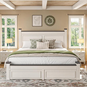 Farmhouse King Bed Frame with Storage Drawers & Headboard, White