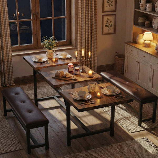 5-Piece Extendable Dining Table Set with 2 Upholstered Benches
