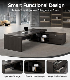 L-Shaped Reversible Executive Desk with Power Outlets & Storage