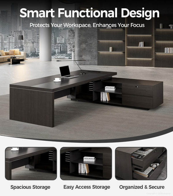 L-Shaped Executive Desk with Power Outlets, Drawers & Storage Shelves