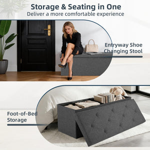 43-Inch Foldable Storage Ottoman Bench with Padded Seat – Grey, 660 lbs Capacity