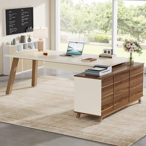 L-Shaped Executive Desk with Cabinet & Storage Shelves