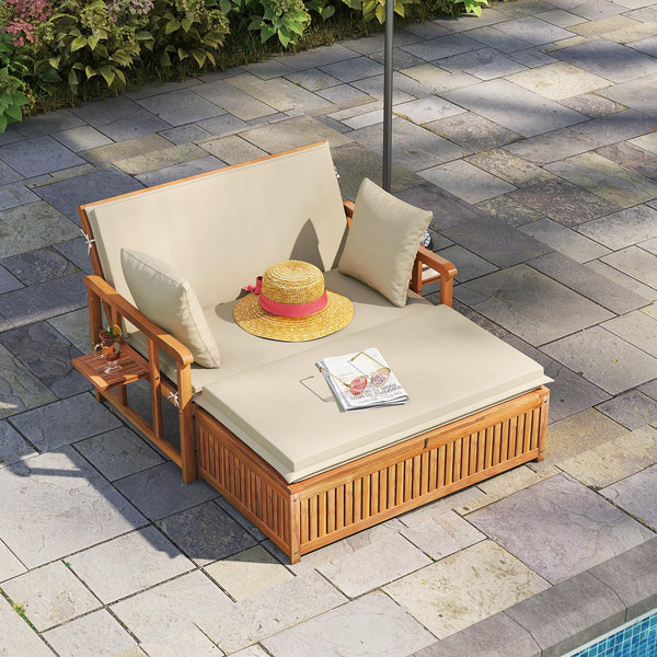Acacia Wood Outdoor Daybed Set with Adjustable Backrest & Storage Ottoman