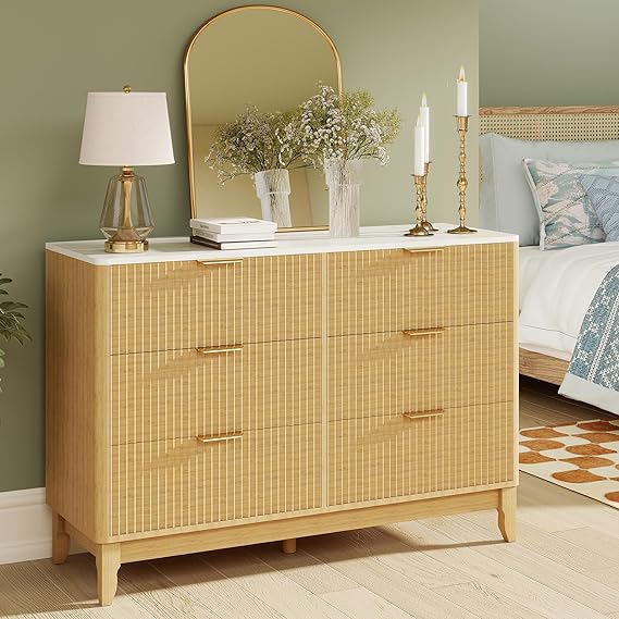 Wooden Dresser TV Stand with LED Lighting & Charging Station