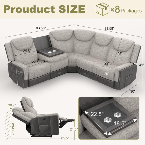 Recliner Sectional Sofa with Flip Middle Backrest & Console