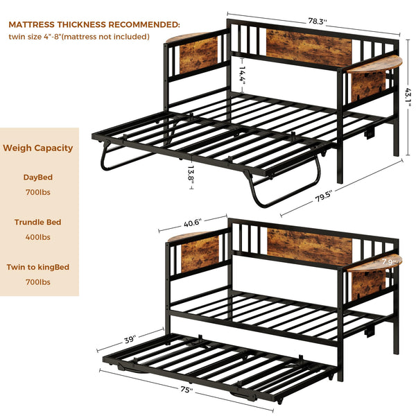 Twin Metal Daybed with Trundle, LED Lights & Charging Station