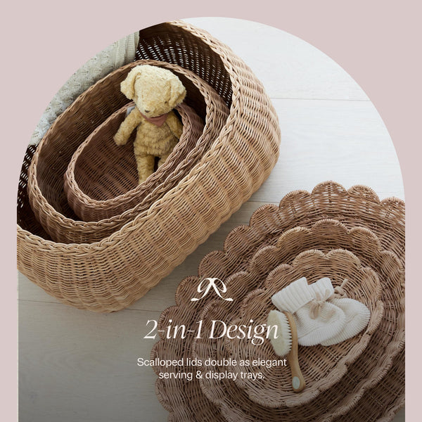 Scalloped Rattan Basket Set of 3 with Lids – Handwoven Nesting Storage Baskets