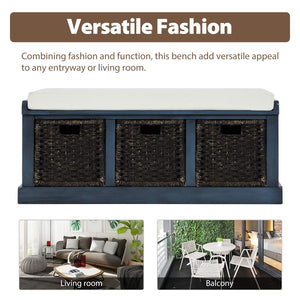 Farmhouse Entryway Storage Bench with Cushioned Seat & Rattan Drawers