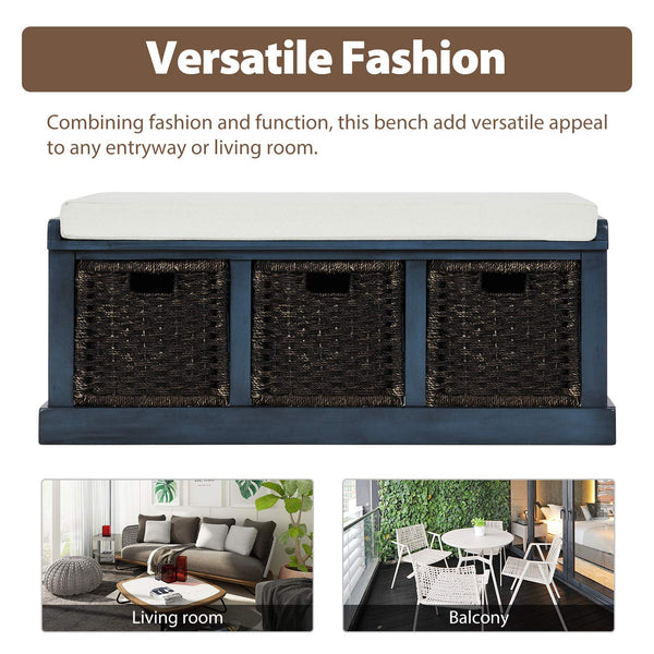 Farmhouse Entryway Storage Bench with Cushioned Seat & Rattan Drawers