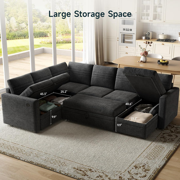 Modular Sectional Sleeper Sofa with Pull-Out Bed | 6-Seat U-Shaped Couch with Storage & USB Ports