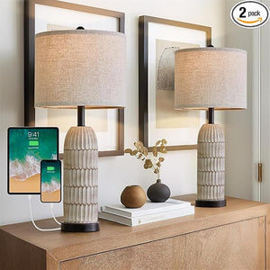 Farmhouse Bedside Table Lamps Set of 2 with USB Charging Ports