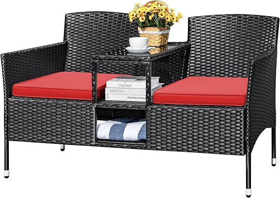 Outdoor Rattan Loveseat with Built-In Table & Storage