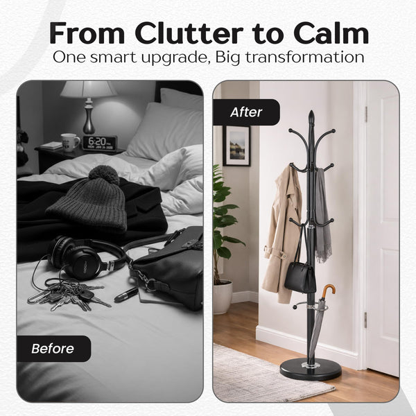 Metal Coat Rack with Marble Base, 12 Hooks & Umbrella Holder