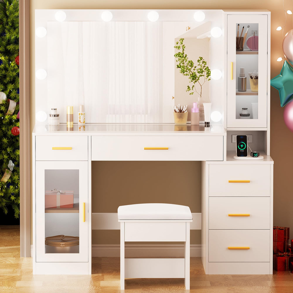 Large Vanity Desk with Mirror and Lights – Glass Top, 5 Drawers, Stool & Power Outlet