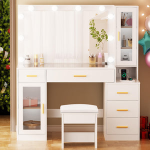 Large Vanity Desk with Mirror and Lights – Glass Top, 5 Drawers, Stool & Power Outlet