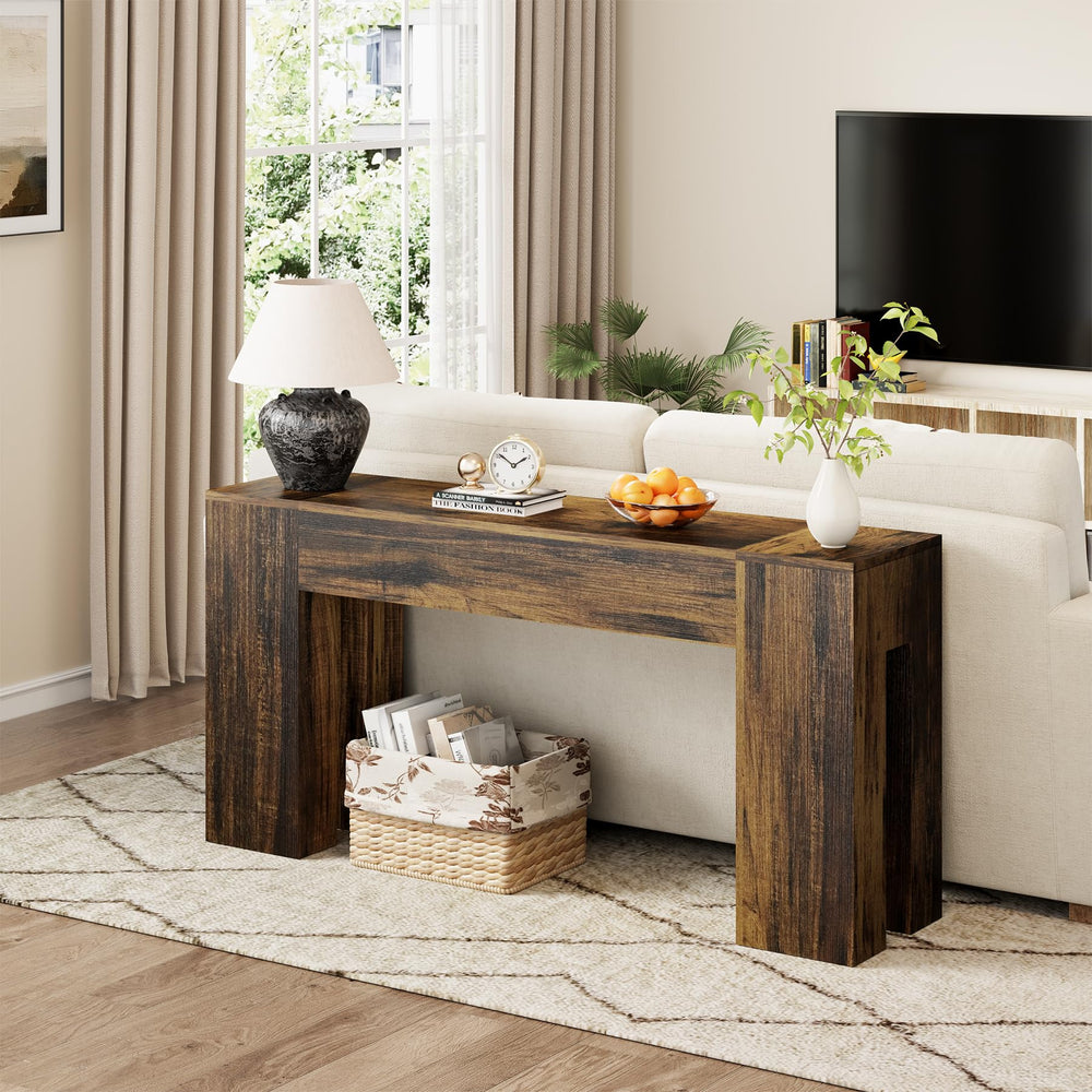 63-Inch Farmhouse Console Table with Wooden Double Base – Rustic Brown