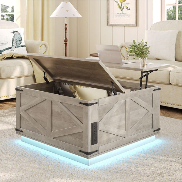 Farmhouse Lift Top Coffee Table with LED & USB-C