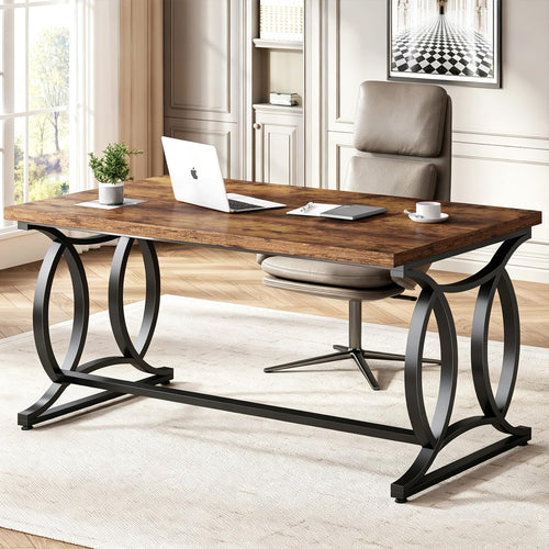 HSH Rustic Home Office Desk, 55 Inch Metal Wood Computer Desk, Simple Industrial Study Executive Desk for Work Writing, Modern Student Gaming Computer PC Table Bedroom, Rustic Brown