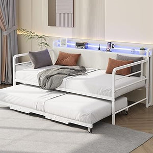 Twin Daybed with Pop-Up Trundle, RGB LED & Charging Station