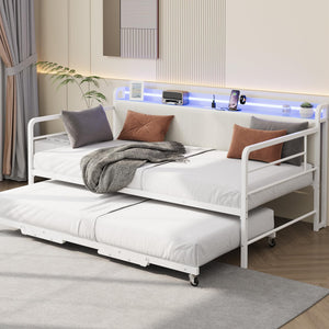 Twin Daybed with Pop-Up Trundle, RGB LED & Storage Headboard